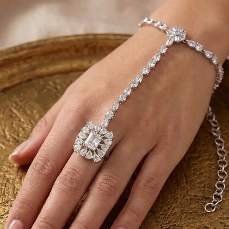 Silver-Tone Floral American Diamond Hand Jewelry