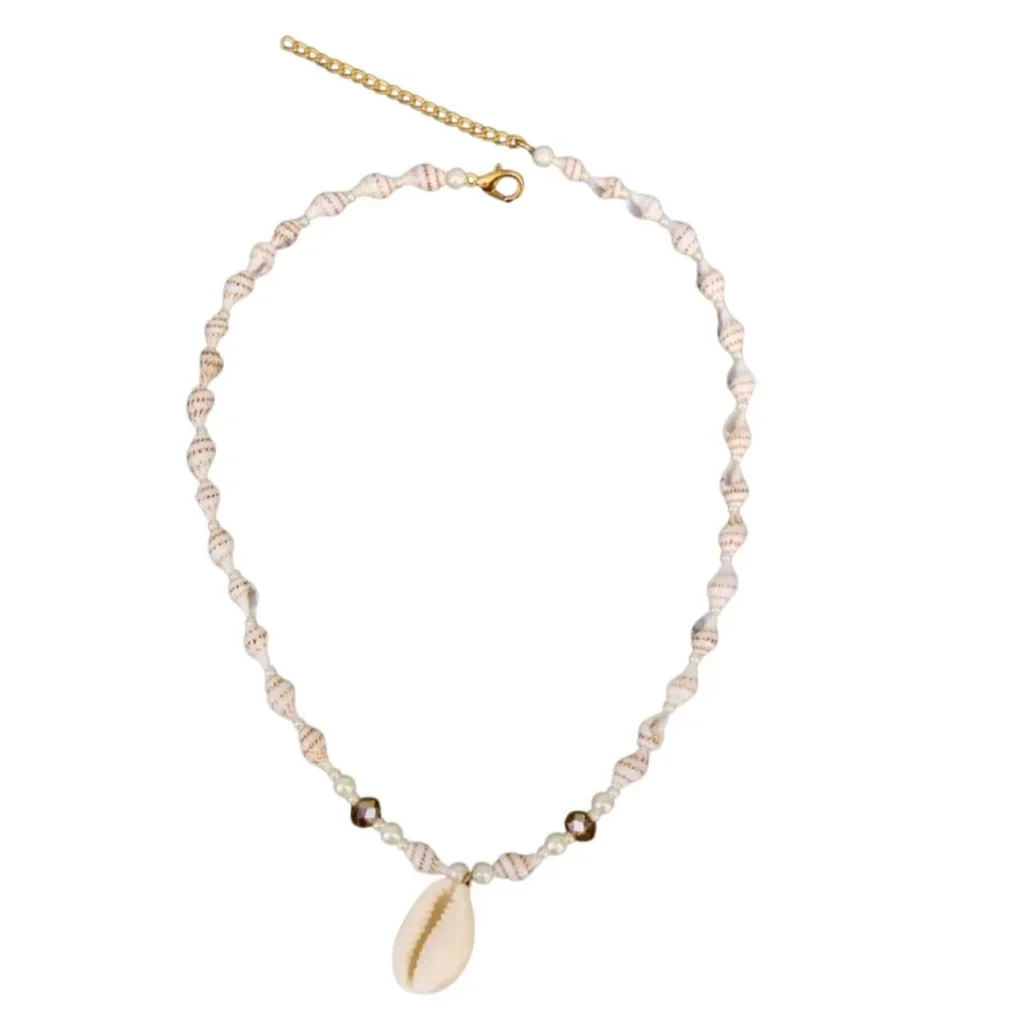 Coastal Beaded Necklace With Cowrie Shell Pendant