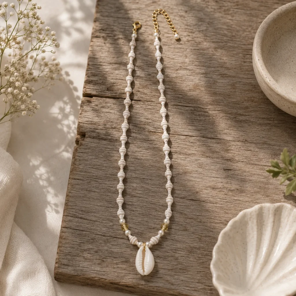 Coastal Beaded Necklace With Cowrie Shell Pendant