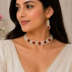White Pearl & Red Beaded Floral Choker Set