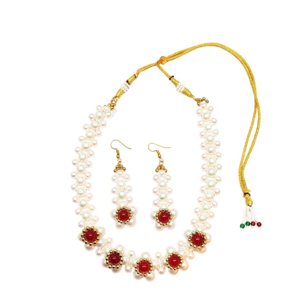 White Pearl & Red Beaded Floral Choker Set