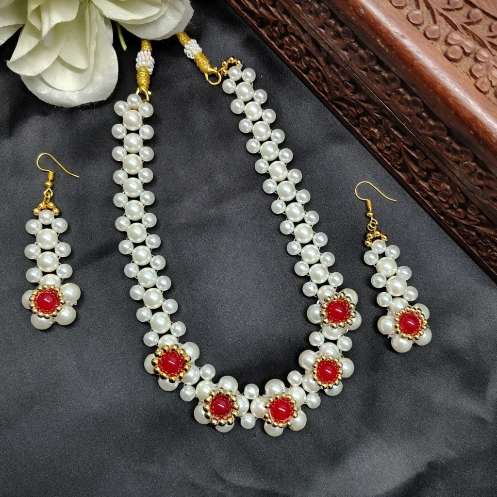 White Pearl & Red Beaded Floral Choker Set