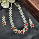 White Pearl & Red Beaded Floral Choker Set