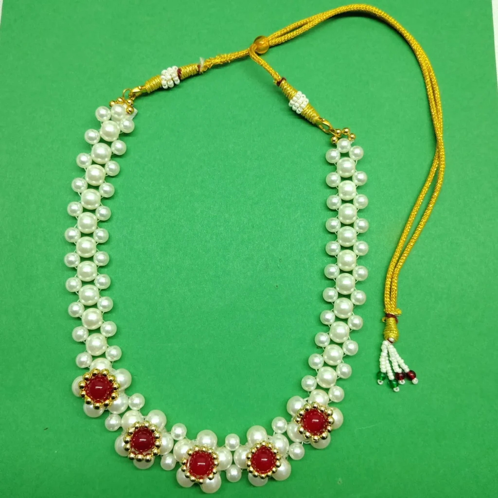 White Pearl & Red Beaded Floral Choker Set