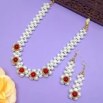 White Pearl & Red Beaded Floral Choker Set
