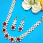 White Pearl & Red Beaded Floral Choker Set