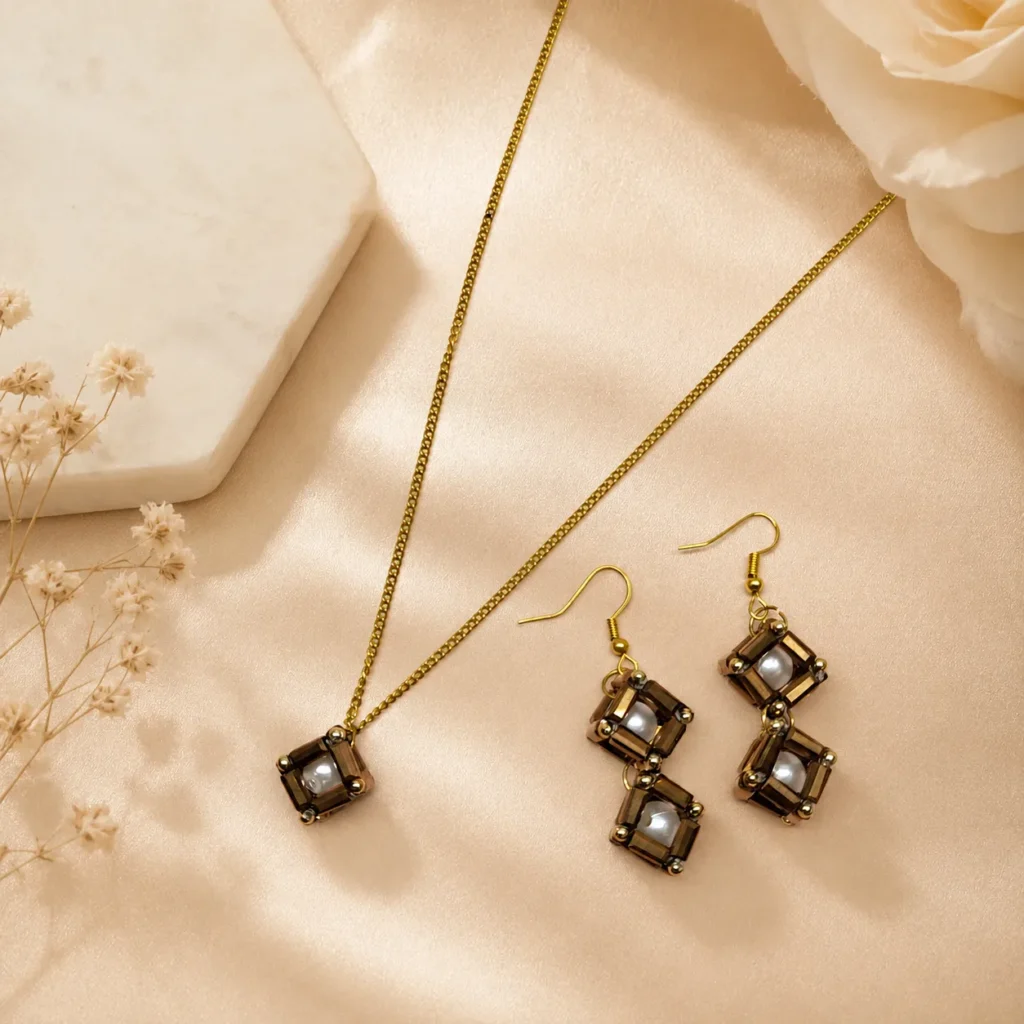 Geometric Pearl Pendant with Matching Earrings
