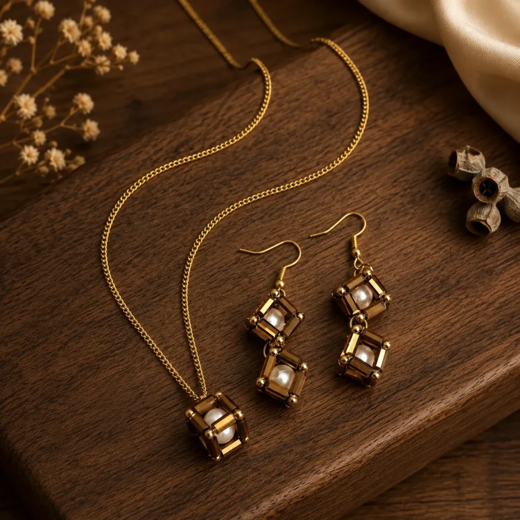 Geometric Pearl Pendant with Matching Earrings