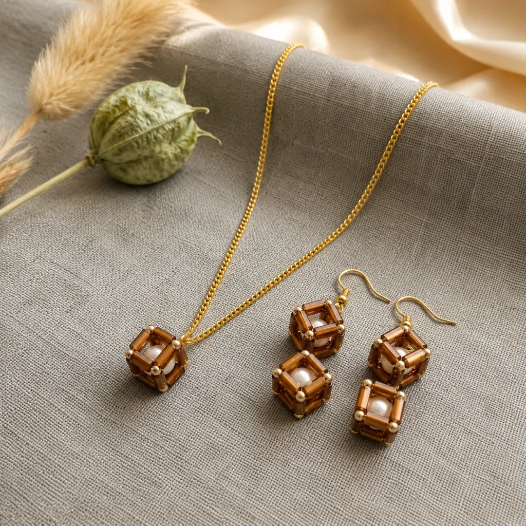 Geometric Pearl Pendant with Matching Earrings