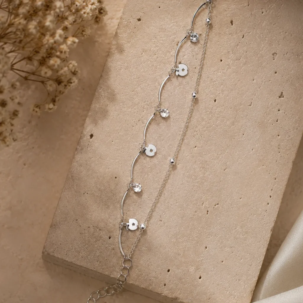 Silver-Tone Wave Link Apple Charm Anklet