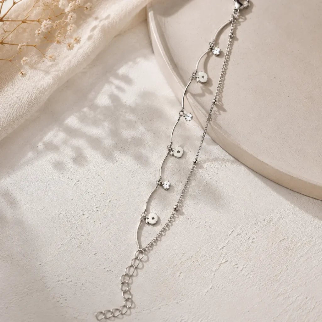 Silver-Tone Wave Link Apple Charm Anklet