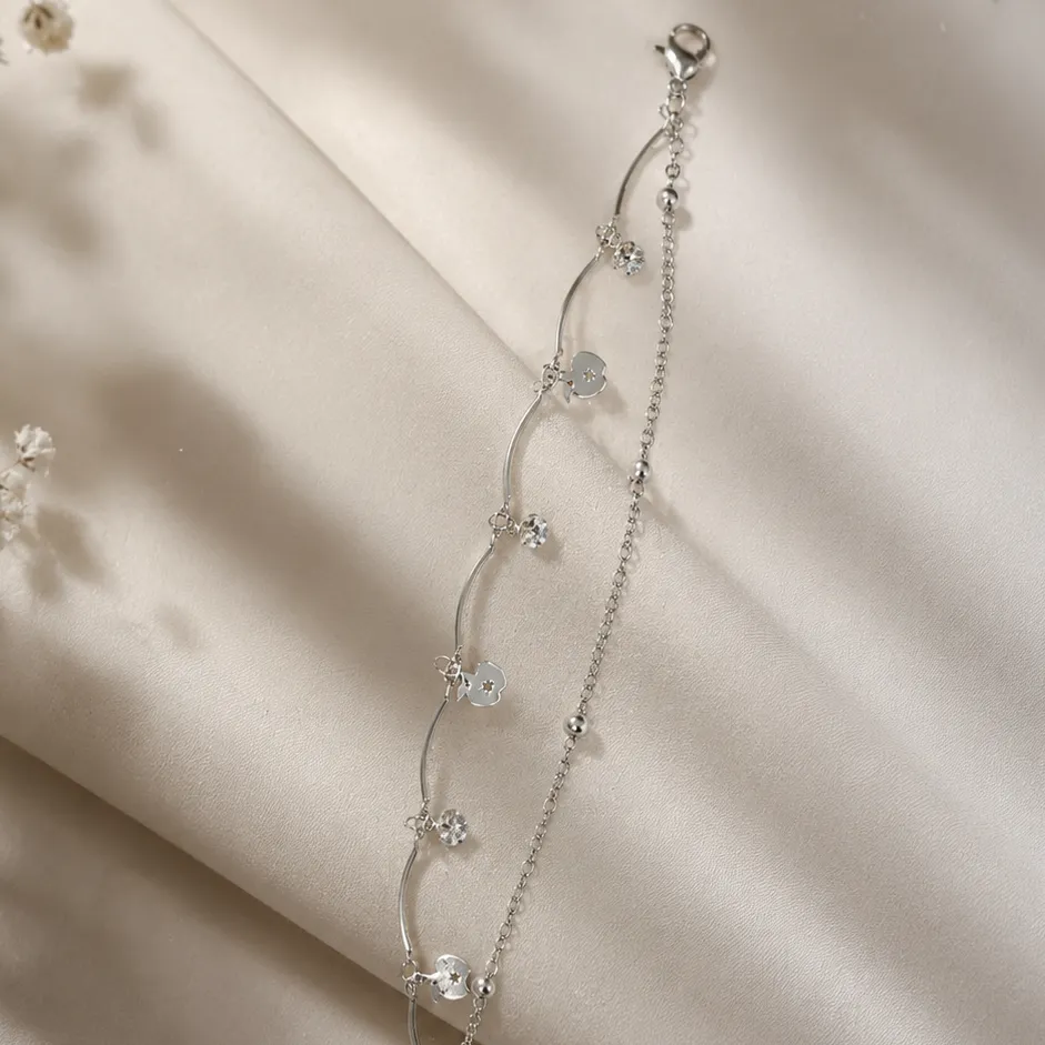 Silver-Tone Wave Link Apple Charm Anklet