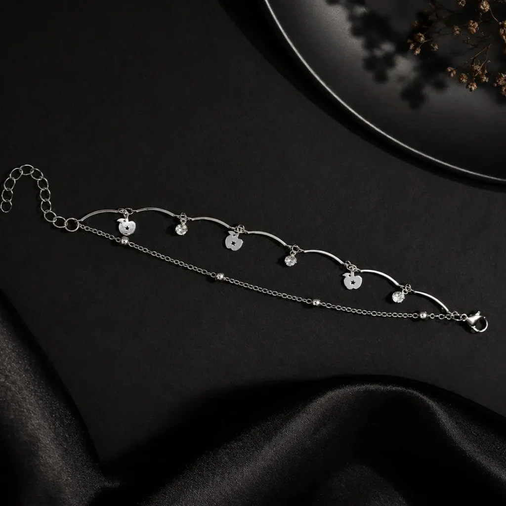 Silver-Tone Wave Link Apple Charm Anklet