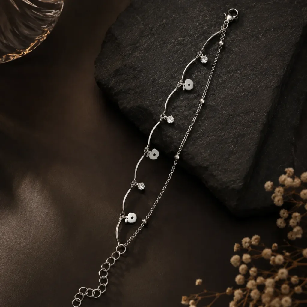 Silver-Tone Wave Link Apple Charm Anklet