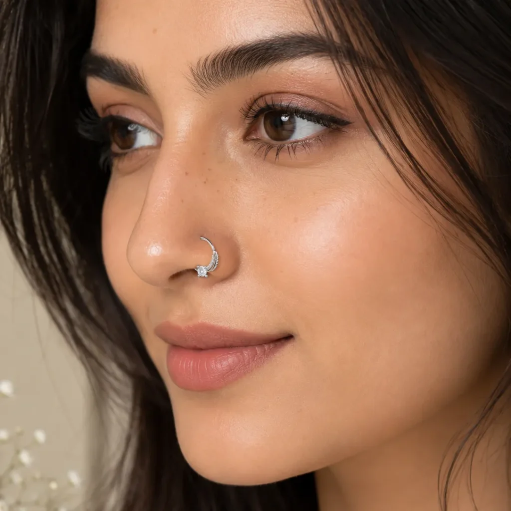 Silver-Tone Feather Cubic Zirconia Nose Hoop