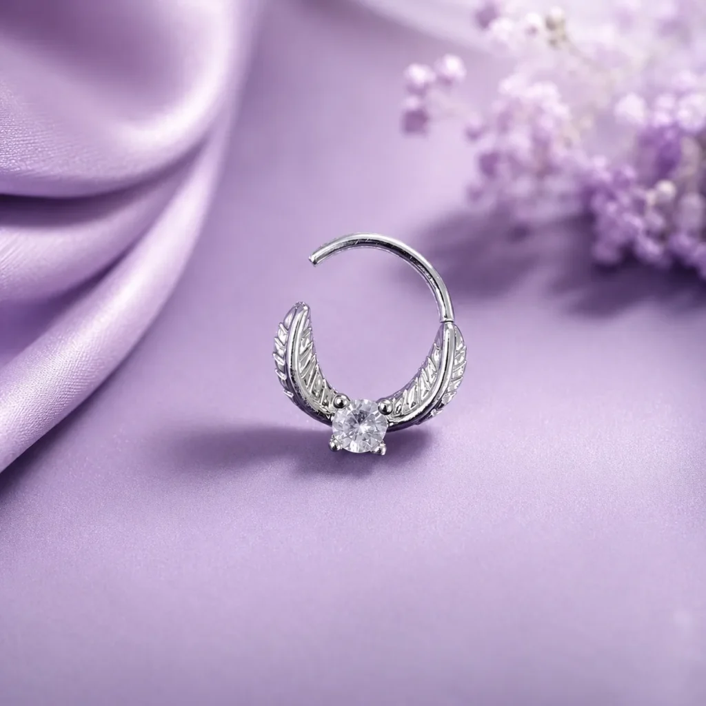 Silver-Tone Feather Cubic Zirconia Nose Hoop