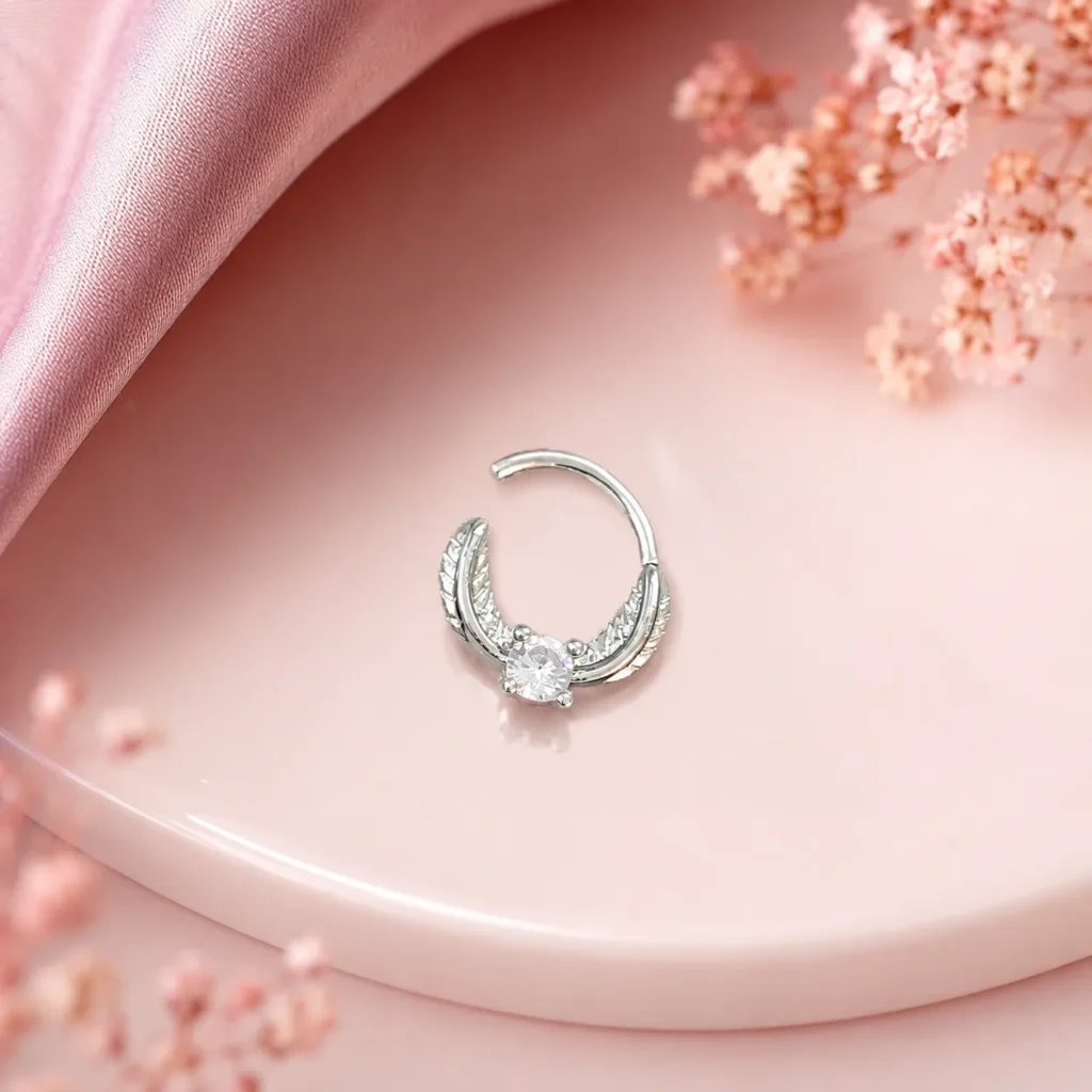 Silver-Tone Feather Cubic Zirconia Nose Hoop