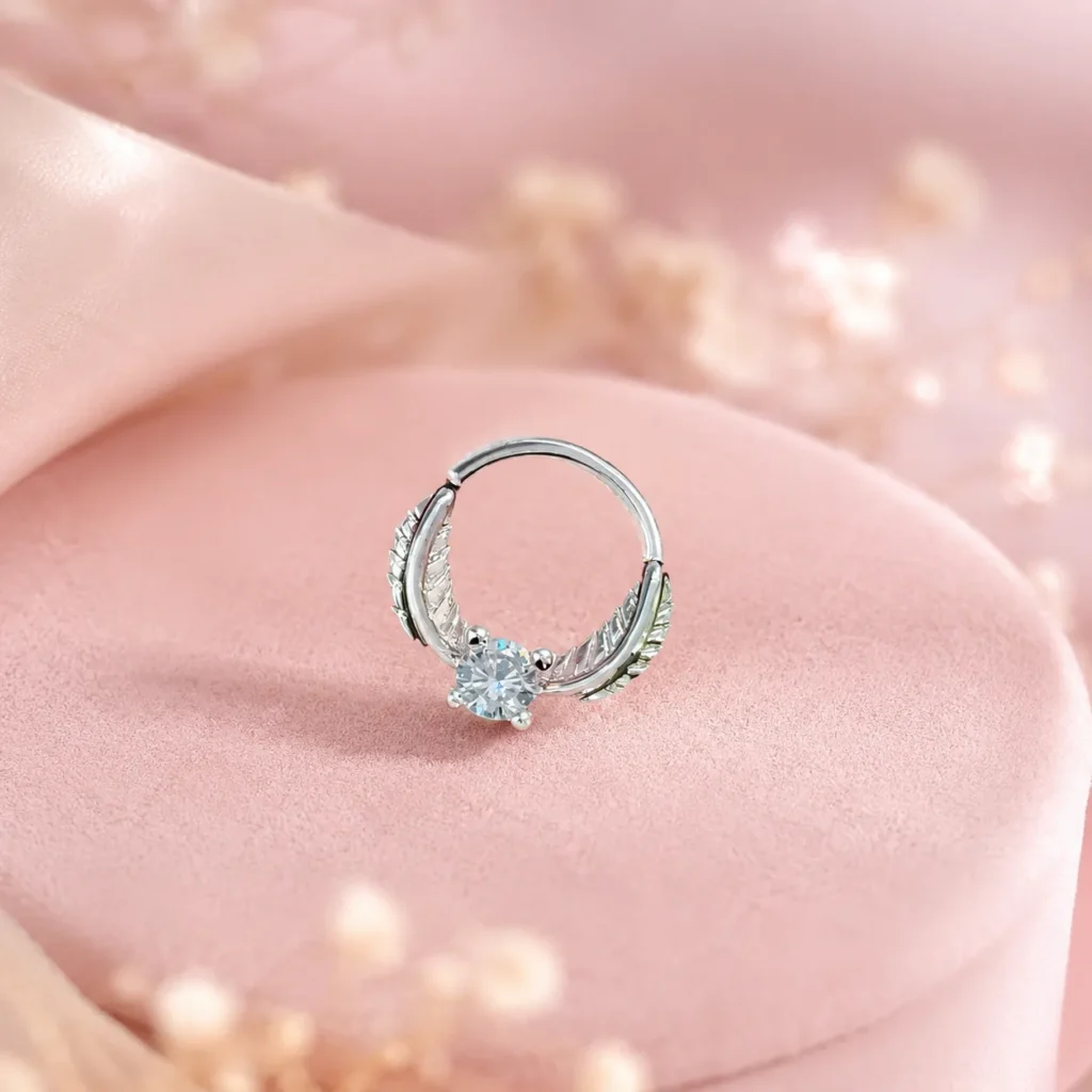Silver-Tone Feather Cubic Zirconia Nose Hoop