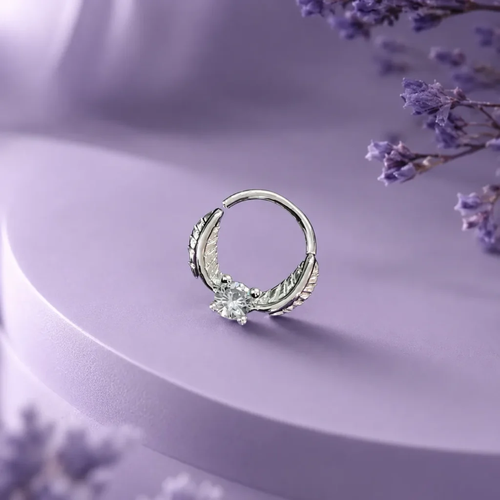 Silver-Tone Feather Cubic Zirconia Nose Hoop