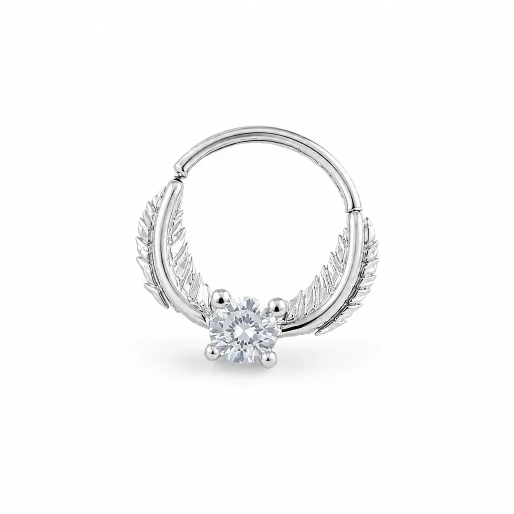 Silver-Tone Feather Cubic Zirconia Nose Hoop