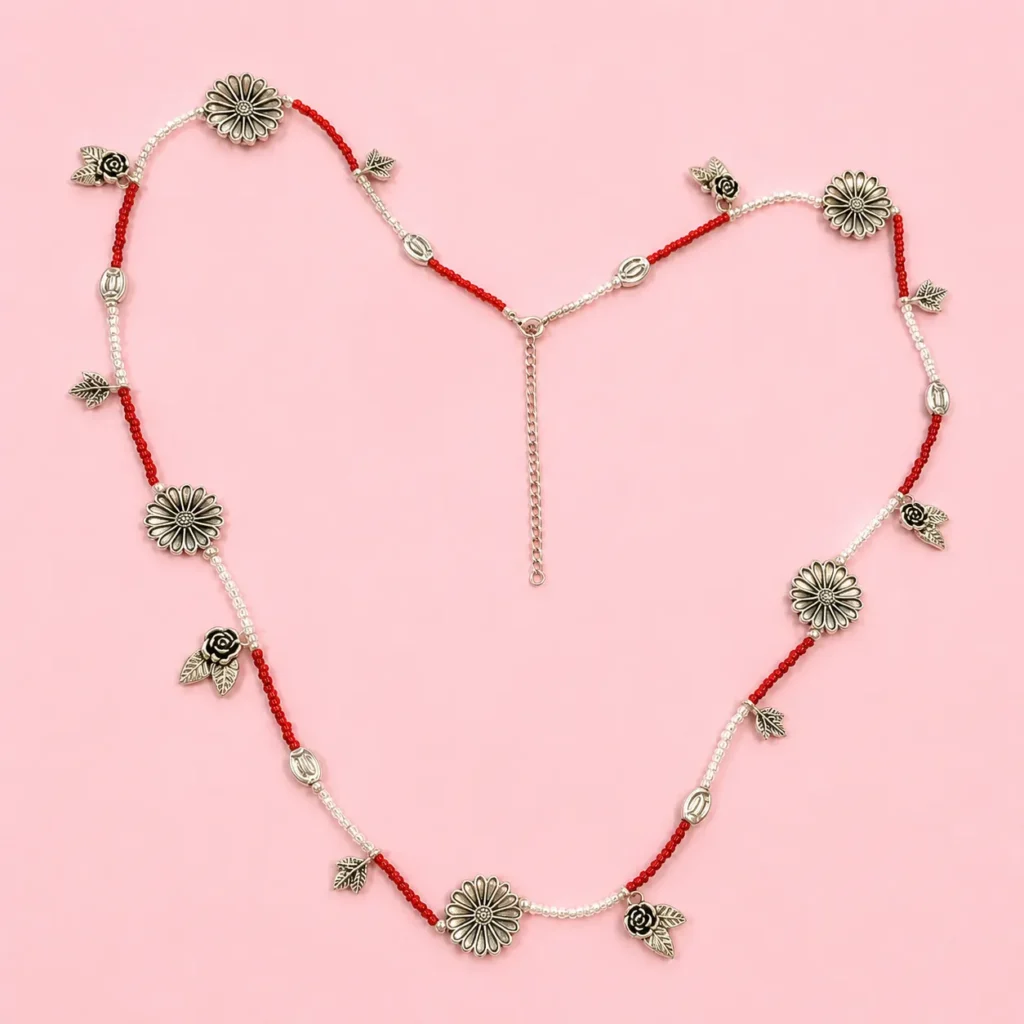 Handmade Red & White Beaded Charm Waist Chain