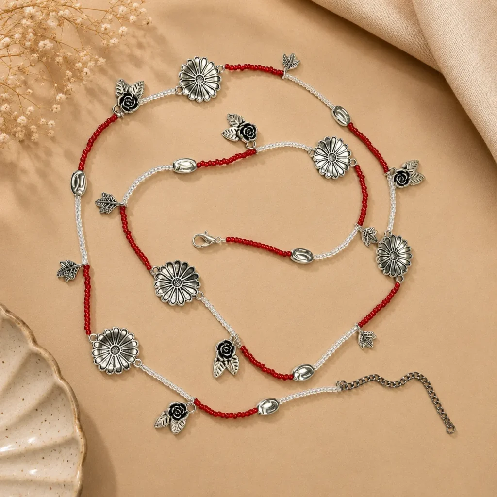 Handmade Red & White Beaded Charm Waist Chain