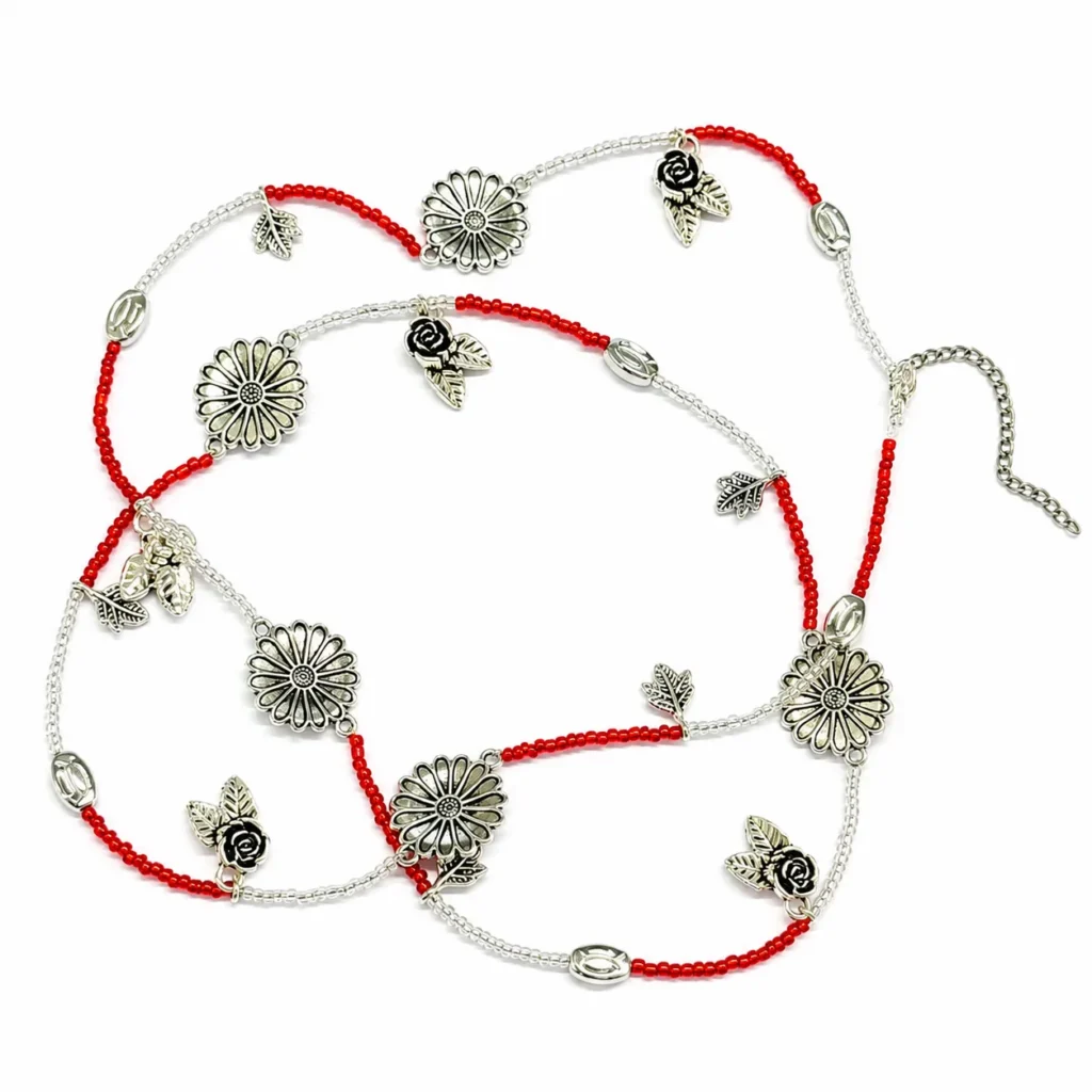 Handmade Red & White Beaded Charm Waist Chain