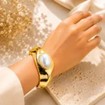 Gold-Tone White Oval Cuff Bracelet