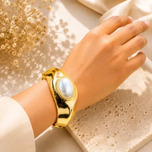 Gold-Tone White Oval Cuff Bracelet