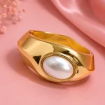Gold-Tone White Oval Cuff Bracelet