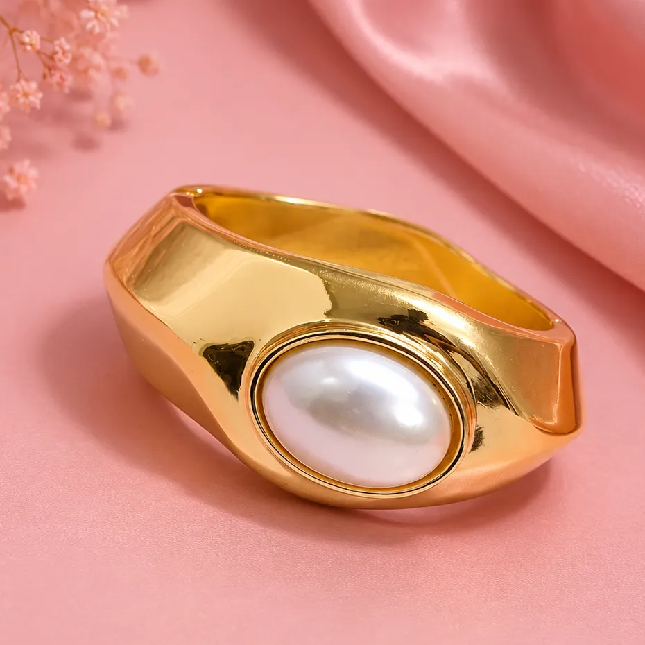 Gold-Tone White Oval Cuff Bracelet