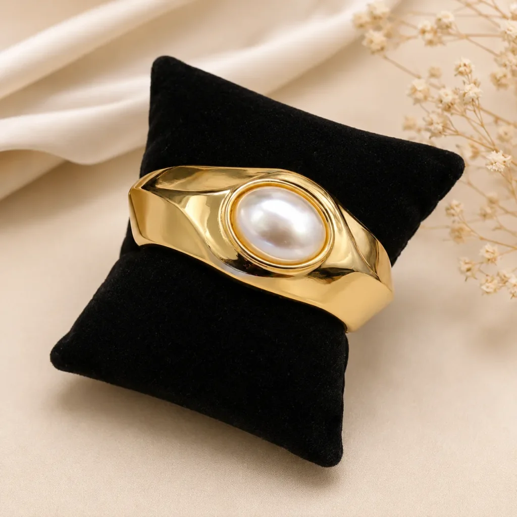 Gold-Tone White Oval Cuff Bracelet