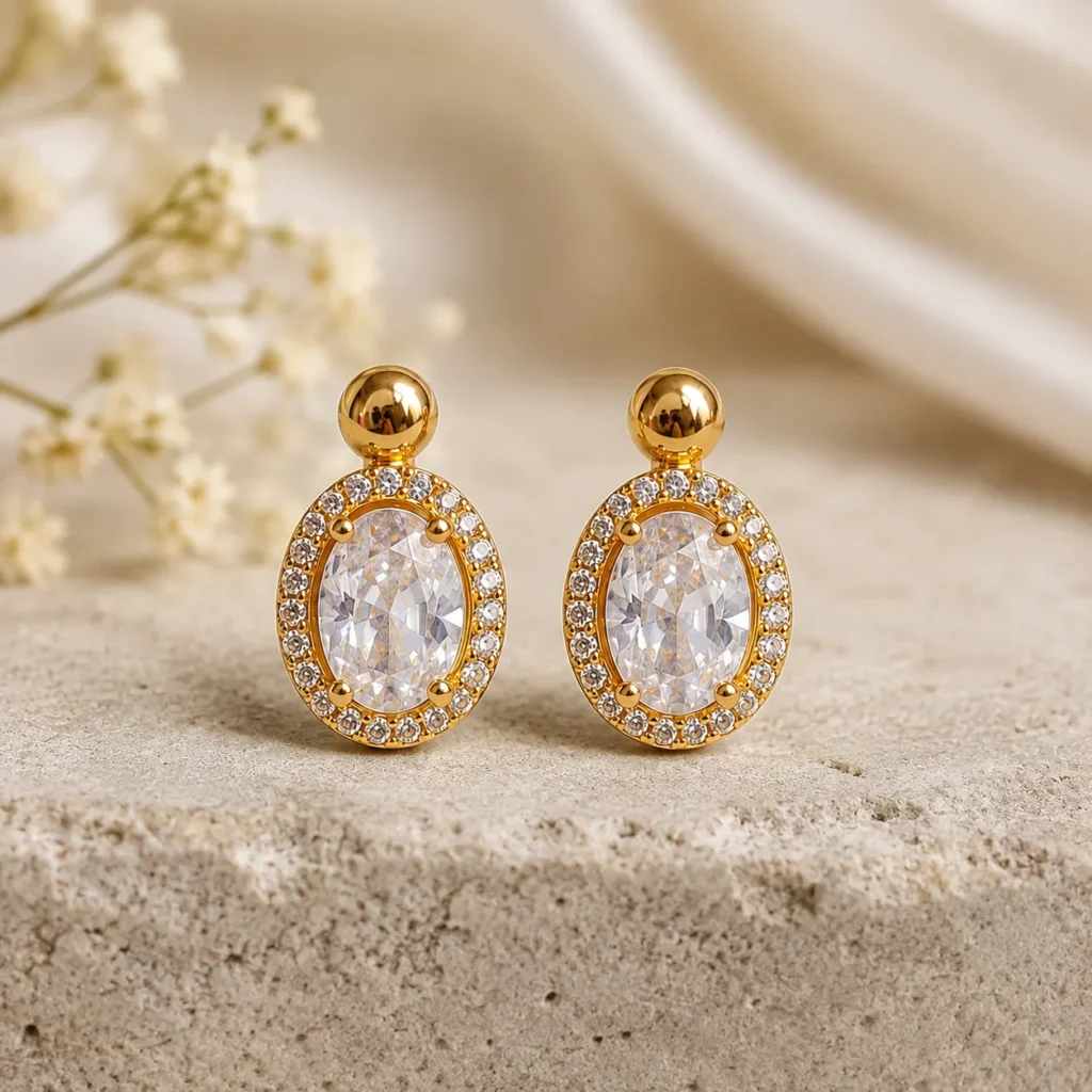 Gold-Tone Oval Cubic Zirconia Stud Earrings