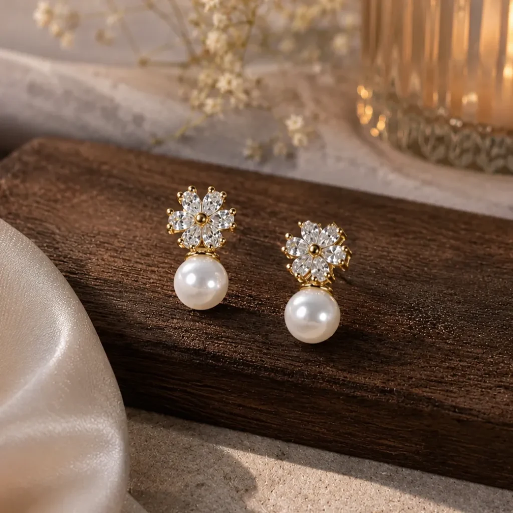 Gold-Tone Floral Pearl Stud Earrings