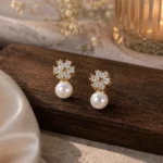Gold-Tone Floral Pearl Stud Earrings