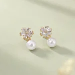 Gold-Tone Floral Pearl Stud Earrings