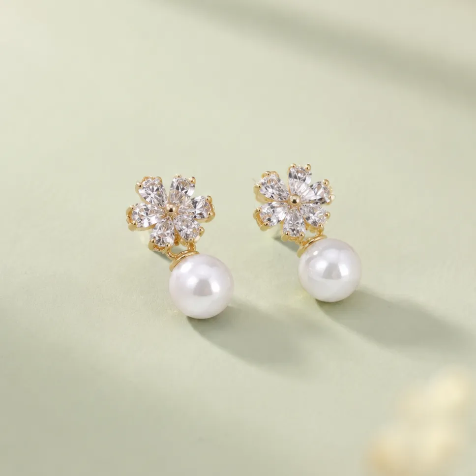Gold-Tone Floral Pearl Stud Earrings