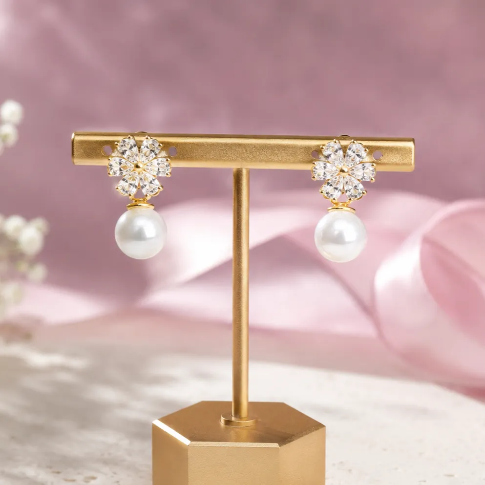 Gold-Tone Floral Pearl Stud Earrings