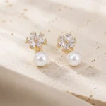 Gold-Tone Floral Pearl Stud Earrings