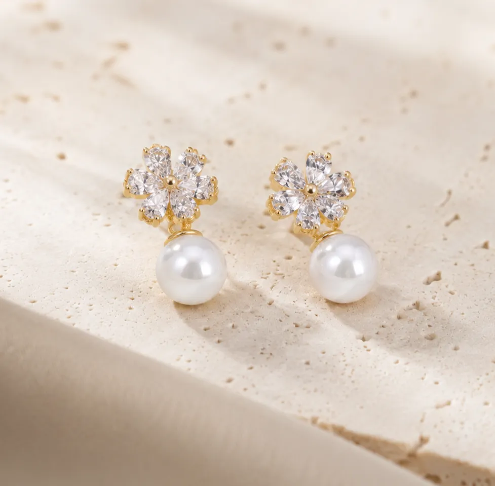 Gold-Tone Floral Pearl Stud Earrings