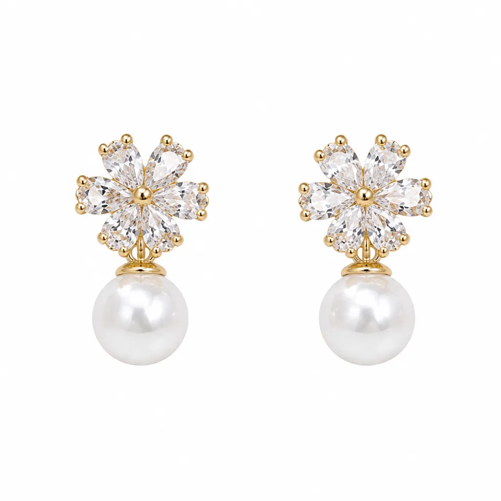 Gold-Tone Floral Pearl Stud Earrings