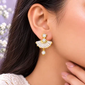 Gold-Tone Fan Shape Cubic Zirconia Drop Earrings