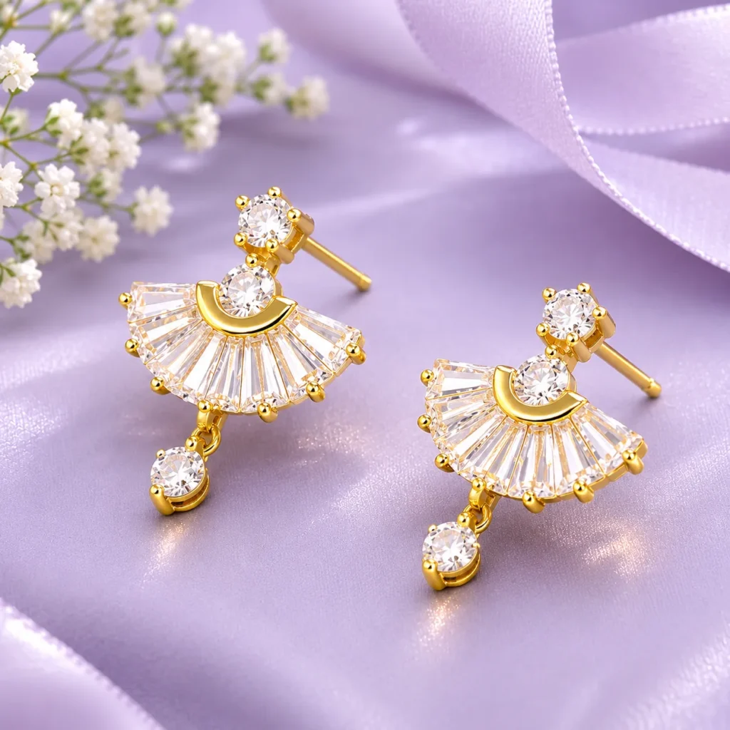 Gold-Tone Fan Shape Cubic Zirconia Drop Earrings