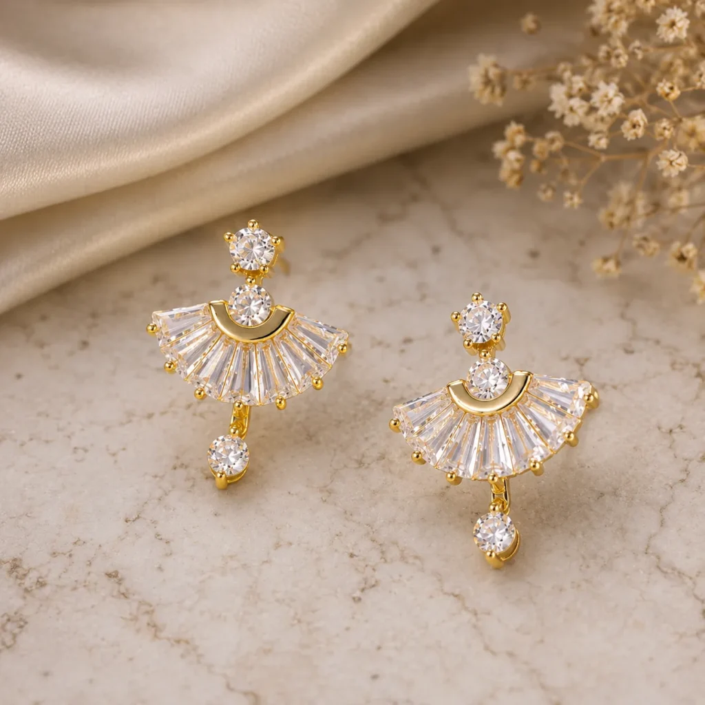 Gold-Tone Fan Shape Cubic Zirconia Drop Earrings