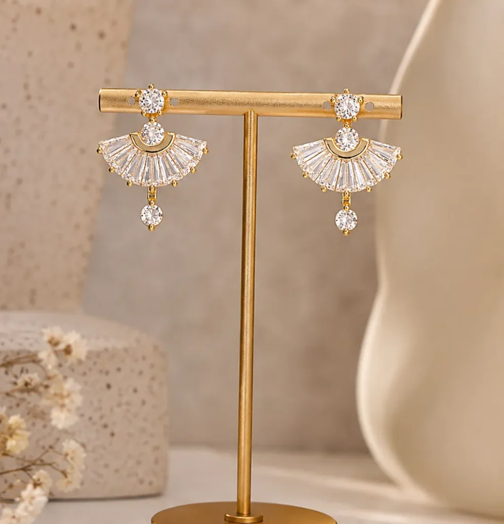 Gold-Tone Fan Shape Cubic Zirconia Drop Earrings