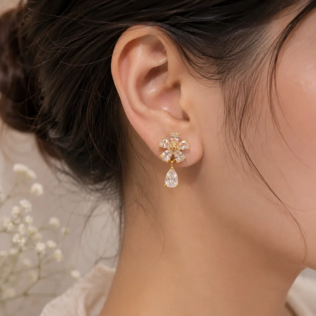 Gold-Tone Floral Cubic Zirconia Drop Earrings