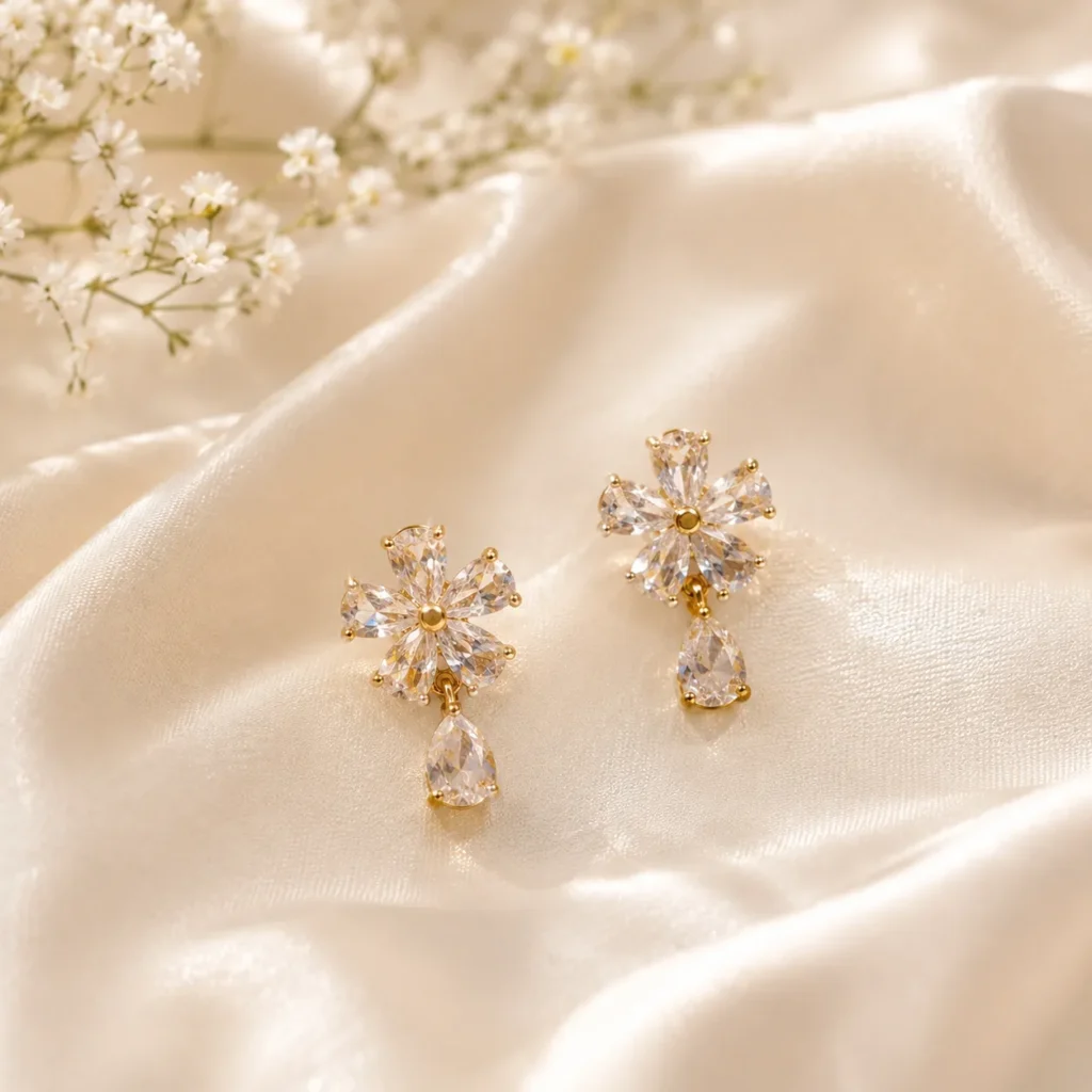 Gold-Tone Floral Cubic Zirconia Drop Earrings