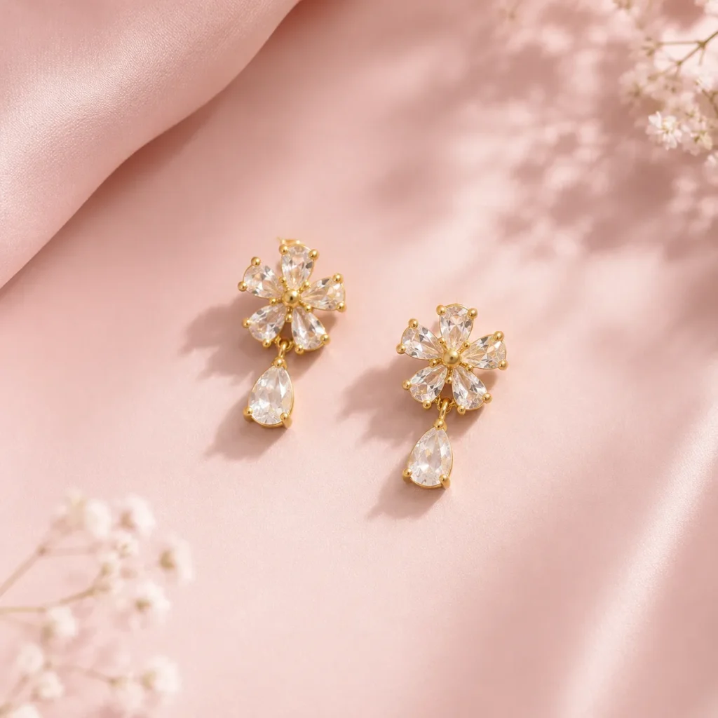 Gold-Tone Floral Cubic Zirconia Drop Earrings