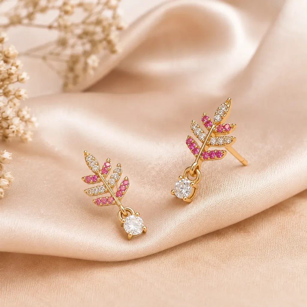 Gold-Tone Leaf Cubic Zirconia Drop Earrings