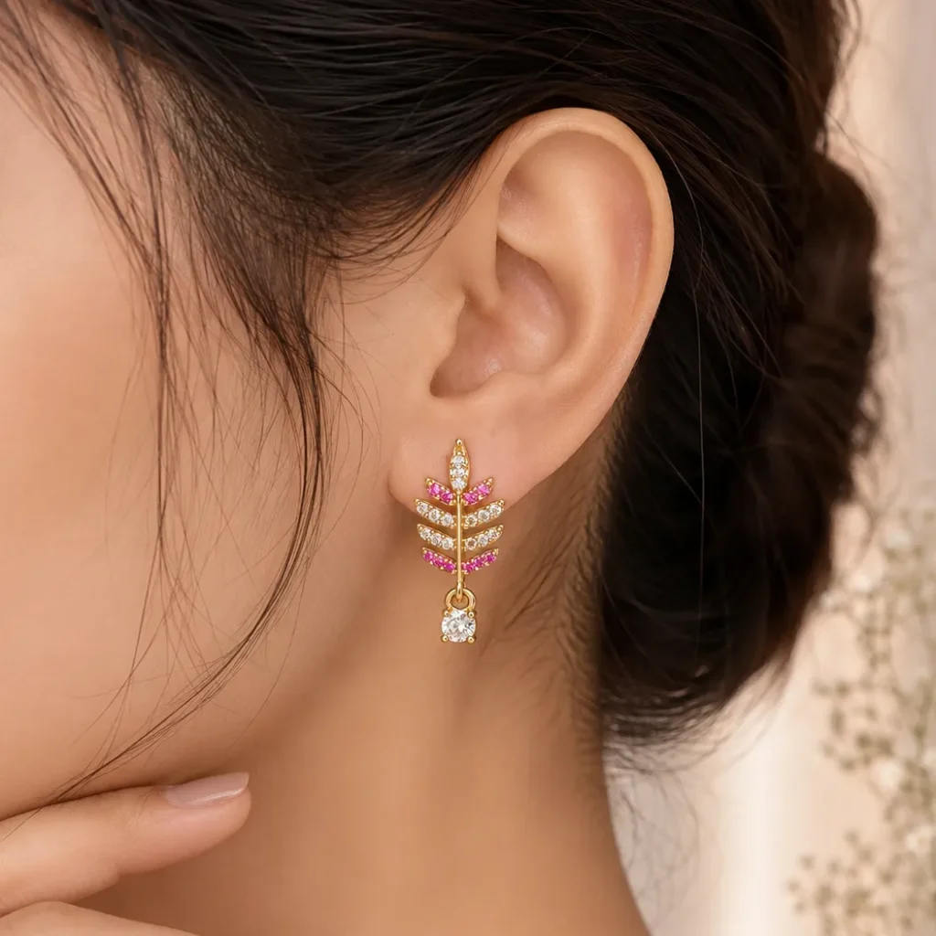 Gold-Tone Leaf Cubic Zirconia Drop Earrings